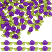 200-Pack Mini Ribbon Roses, Satin Ribbon with Green Leaves[Purple]