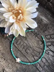 14" Sea Turtle Aqua Green White Seed Bead Surfer Choker Necklace Beach Western
