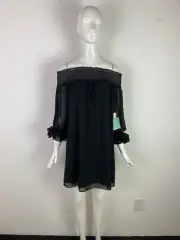 NWT CeCe Black Off The Shoulder 3/4 Sleeve Smocked Short Dress Women’s Size 0