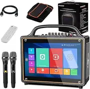 Mjunsoundigi Singing Screen Karaoke Machines for Adults, 14 Inch HD Touch Android 12 Tablet, Portable Bluetooth Speaker, 2 Wireless Microphone, DSP, USB/SD/HDMI, Built-in Battery for Home Party (Wood)