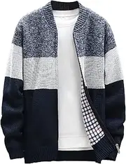 [Generic] Men's Color Block Full Zip Knitwear Coat Male Thick Zipper Knitted Cardigan Fleece Lined Knitted Cardigan for Men
