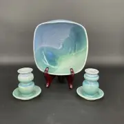 New~ Pottery Studio Signed By Artist Bowl And A Pair Of Candlestick Holders
