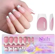 French Gel Nail Tips -150Pcs French Tip Press on Nails Pink Medium Almond 3 in 1 X-coat Tips Pre-applied Base Coat, No Need to File Fake Nails for Nail Art DIY 15 Sizes (Coffin, Medium)