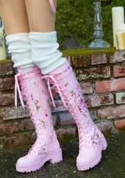[Sugar Thrillz] On The Vine Floral Lace Knee High Combat Boots