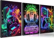 [NBYARTQ] 3Pcs Cool Gaming Wall Art Retro Video Gamer watercolor Posters Pictures Colorful Neon Gamepad Canvas Painting Prints for Boys Room Kids Gamer Room Bedroom for Boys Home Decoration 12x16in