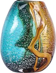 PlivBloom Teal Glass Vase,Hand Blown Green Glass Flower Vases Bulk,Murano Glass Vases,Unique Table Glass Decor, Flowers with Vase Decorative,Teal Vase Decor,for Bookshelf,Living Room,Office,Gift (S)