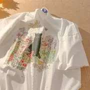 Short Sleeve Cat Print Loose-Fit Tee White - XL
