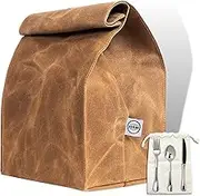 ASEBBO Large Waxed Canvas Lunch Bag | Reusable Lunch Box + Napkin & Cutlery Bag | Thick & Waterproof Lunch Tote w/Reinforced Stitching for Durability | Easy to Carry @ Work & School Brown