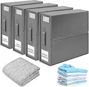 MOGONE Bed Sheet Organizers and Storage, 4 Large Size Foldable Sheet Organizer for Linen Closet, Bedding & Linen Storage Box Organiser with Window, for Duvet Cover Set, Clothes, Blankets (Gray)