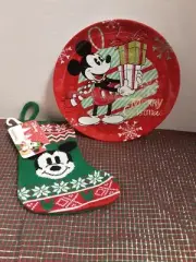 Disney Mickey Mouse 7" Mini Knit Stocking & 8" Melamine Christmas Plate BNWT!