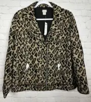 Chicos Moto Jacket leopard print jacquard lined leather trim sz 2 M NWT $159
