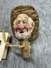 Vintage Spit N Whittle Bottle Stopper Pops Cowboy Cork Signed Tag Carved Old Man