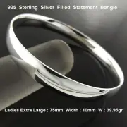 Silver Bangle 925 Sterling Filled Solid 10mm Bracelet Ladies Extra Large 75mm