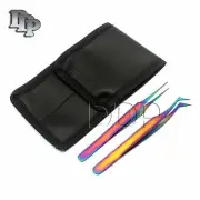 2 Multi Titanium Color 3d Eyelash Extension Tweezer A Type Straight +Semi Angled