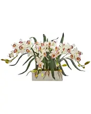 Nearly Natural Cymbidium Artificial Arrangement in White Vase