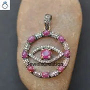 Natural Ruby Diamond Evil Eye Pendant 925 Silver Gemstone 16"Link Chain Jewelry