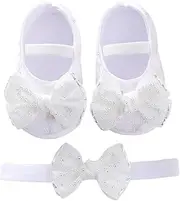 [Juaugusep] Baby Girls Mary Jane Flats Beaded Bow Princess Shoes Dress Walking Shoes and Headband for Newborn Infant Toddler