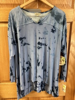 Plus Size 3x One World Live and Let Live Blue Tie Dye Flowy Tunic Boho Top NWT