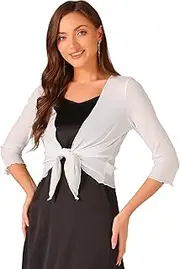 [Allegra K] Tie Front Cardigan for Women's 3/4 Sleeve Knit Mesh Glitter Cropped Bolero Shrug