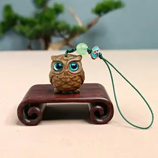 綠檀木雕刻貓頭鷹手機掛件鑰匙扣女檀香木創意可愛手機鏈包包掛飾