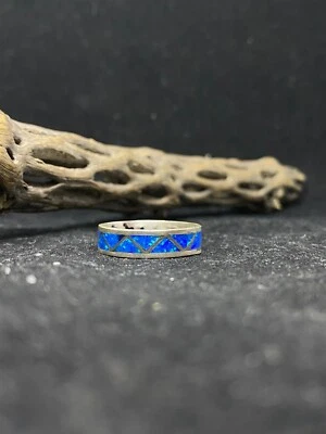 Native American Zuni inlay blue fire opal sterling silver band ring size 10.5
