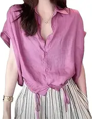 [Zylphorix] Women Temperament Workplace Casual Blouse Fashion Hem Drawstring Slimming Shirt Summer Light Luxury Button T Shirts