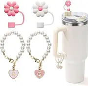[LUHOHI] Charms for Stanley Cup，2pcs Pearl Chain for Stanley Cup Accessories Initial Letter Charms Handle with 2pcs Straw covers Stuff Decor Water Bottle Jewelry Tumbler Personalized Decorations Tag