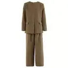 Retro Linen Collarless Back Split Suit Jacket+waist Cinched Straight Leg Pants