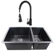 ACA 71x45CM Kitchen Double Sink With Pull Out Tap Stainless Steel Under/Topmount Grey Black Sink Set
