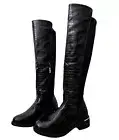 Women's Black Over The Knee Flat Boots Ladies Long Faux Leather Thigh High Shoes
