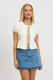 White Tie Front Top Puff Sleeve - Size 8XS, Women's Bolero
