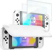 ProCase Flip Cover for Nintendo Switch OLED with 2 Pack Tempered Glass Screen Protectors, Flip Case with Magnetically Detachable Front Cover for Nintendo Switch OLED 2021 -White