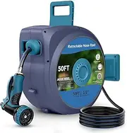 Retractable Garden Hose Reel, Wall-Mounted Hose Reel 1/2 in x 50 ft, Slow Retraction System, Any Length Lock, 180°Swivel Water Hose Reel with 10 Function Nozzle