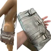 The Sak Metallic Pewter Genuine Leather Crossbody/ Clutch Bag w Removable Strap