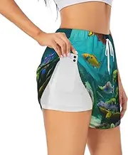 [WURTON] Cute Blue Fish Print Exercise Gym Workout Shorts Women's Athletic Shorts Dual-Layered Yoga Running Shorts