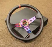 RDT 350mm Neo Chrome Deep Dish Steering Wheel RED Stitching FOR Acura Integra DA