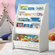 OIKITURE 4-Tier Canvas Slings Kids Bookshelf, Wooden Baby Storage Book Rack with 3 Extra Storage Boxes, Kids Bookshelf Toy Box Organiser Display Shelf for Kids Room Playroom Kindergarten Nursery