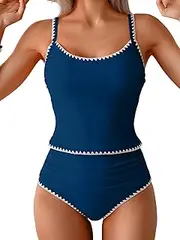 [Eomenie] Tankini Swimsuit for Women Tummy Control Ruched Two Piece Bathing Suits High Waisted Shell Stitch Swimwear, Dark Blue, XX-Large