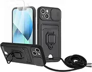 Zallagre Mobile Phone Chain Case Compatible with iPhone 15. [Pack of 2] Screen Protector Glass, Camera Protection, 360 Degree Ring Holder Stand, Card Slot, Silicone Case – Black