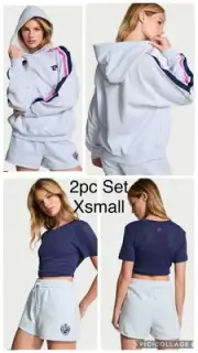 Victoria’s Secret Pink 2pc set Hydrangea Light Blue Pullover Hoodie & Shorts XS