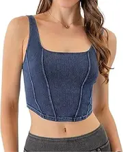 [Generic] Women Denim Push Up Bustier Corset Tank Top Square Neck Crop Top Sport Vest Streetwear