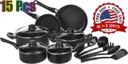 Juego De Ollas Sartenes De Cocina Antiadherente Utensilios 15 Piezas Calidad NEW