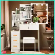 Vanity Makeup Desk Dressing Table Set With LED Lighted Mirror Drawers For Girls