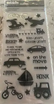 NIP TPC Studio Transportation Acrylic Stamps 8x4 Inches Car Bike Plane Train