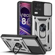 case For Oppo Realme 8 5G Slide Camera Lens Protection and Built in 360 Rotatable Ring Holder - Silver