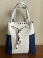 Tory Burch Block-T Drawstring Leather Bucket Tote Bag Navy/Ivory NWT $450