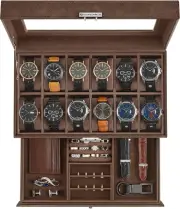 12 Slot Watch Box Display Case Organizer with Glass Lid Gift for Men Dad Husband