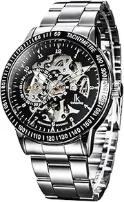 [Alienwork] Ik Mechanical Automatic Watch Men Women Watches For Boys Ladies Stainless Steel Metal Strap Silver Analogue Unisex Self-Winding Black Waterproof Skeleton