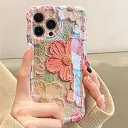 UEEBAI Case for iPhone 14 Pro 6.1 inch, Colorful Retro Oil Painting Flower Case Pretty Glossy Pattern Wave Case Cute Sparkly Floral Curly Cover Stylish Soft Case for Women and Girl - Orange Yellow