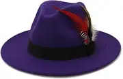 [Osotwbo] Fashion Feather Decor Wool Fedora Hats for Women & Men, Wide Brim Gangster Gentleman Felt Jazz Hat